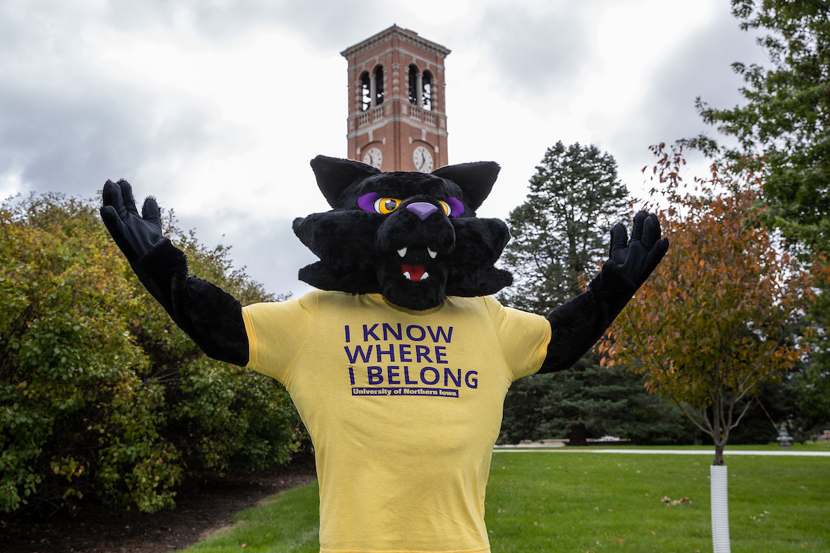 UNI Mascot wearing an "I know where I belong" t-shirt.